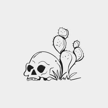 Hand drawn skull with prickly pear cactus vector icon in doodle style Stock Illustration