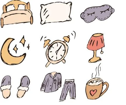 Hand Drawn Sleep and Bedtime Objects Doodle Vector Set Stock Illustration
