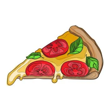 Hand-drawn slice of pizza on a white background. Vector illustration. Stock Illustration
