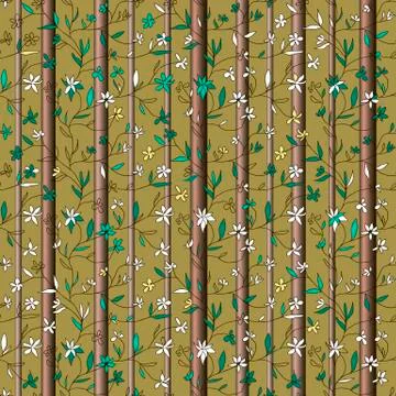 Hand drawn small flowers on branches with leaves and tree trunks Stock Illustration