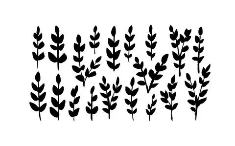 Hand drawn small leaves vector black silhouettes. Illustrazione stock