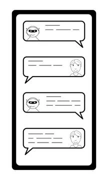 Hand drawn smartphone with a dialogue between a person and a chatbot. Customer Stock Illustration