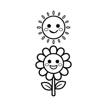 Hand Drawn Smiling Sun and Flower Line Art Illustration Coloring Page Stock Illustration