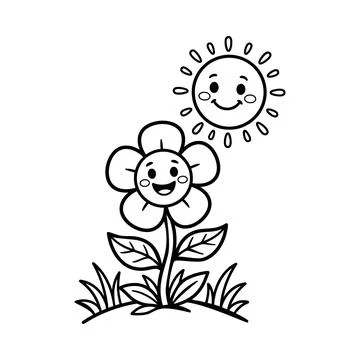 Hand drawn smiling sun and daisy flower illustration Stock Illustration