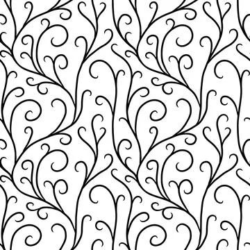 Hand drawn smooth lines branches seamless pattern of abstract botanical eleme Stock Illustration