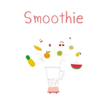 Hand drawn smoothies set includes pineapple, strawberry, banana, kiwi, tangerine Stock Illustration