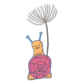 A hand drawn snail with a dandelion. Vector illustration Stock Illustration