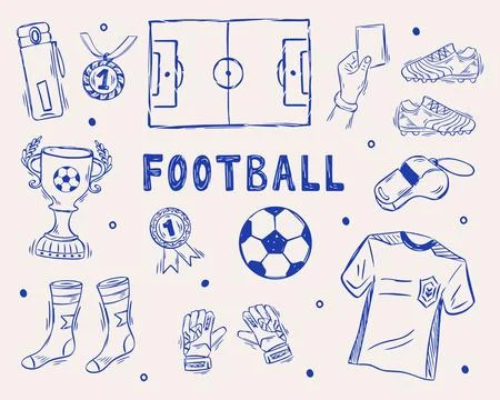 Hand drawn soccer doodle set with football equipment icons including ball Stock Illustration