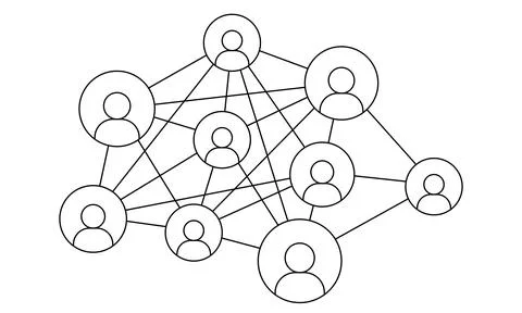 Hand drawn social network. Network of avatars connected by lines. Outline Stock Illustration