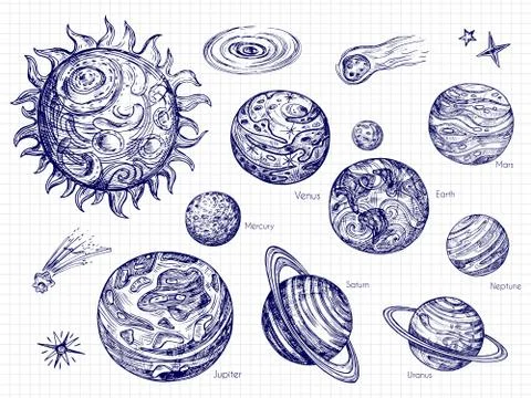 Hand drawn Solar system and space elements vector design Illustrazione stock