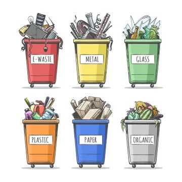 Hand Drawn Sorted Trash Can Set Stock Illustration