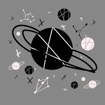  hand drawn space background with planets and stars Stock Illustration