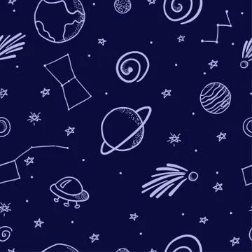 Hand drawn space doodle pattern with planet, stars, asteroid, comet and ufo. Stock Illustration