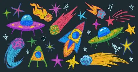 Hand drawn space doodles with crayon texture Illustrazione stock