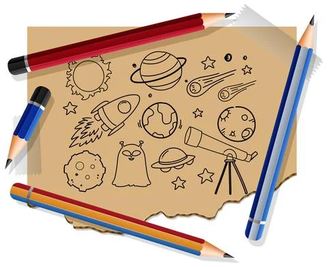 Hand drawn space elements on paper with many pencils Stock Illustration