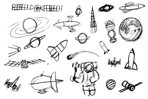Hand drawn space elements. Space doodle illustration. Stock Illustration