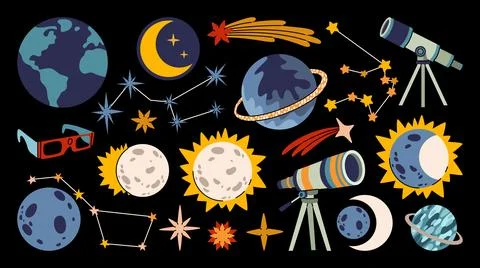 Hand drawn space exploration set of planets, stars, comets and telescopes. Иллюстрация
