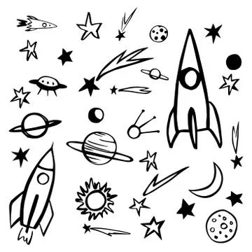 Hand drawn space objects. Planets, comets, rockets. Illustrazione stock