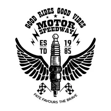 Hand drawn spark plug with wings. Emblem template. Design element for logo, l Illustrazione stock