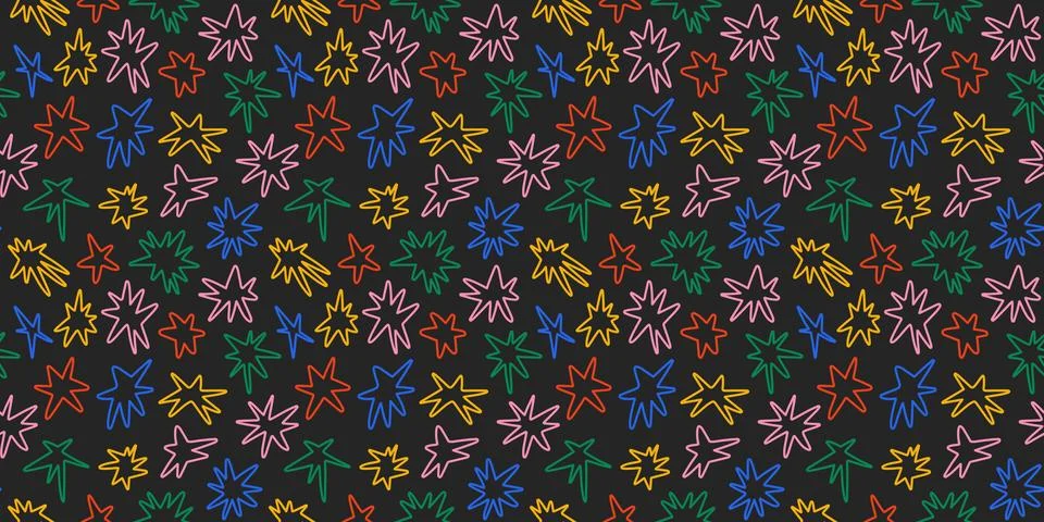 Hand drawn sparks seamless pattern. Colorful outline twinkles repeating Stock Illustration