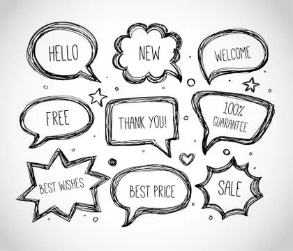 Hand-drawn speech and thought bubbles on white background. Vector sketch illu 스톡 일러스트