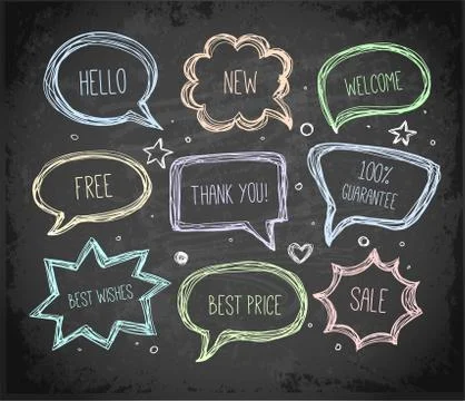 Hand-drawn speech and thought bubbles hand drawn with colored chalks on black Illustrazione stock