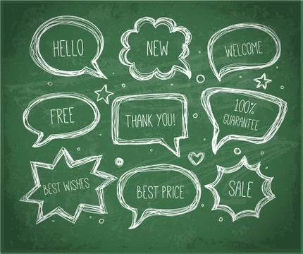 Hand-drawn speech and thought bubbles hand drawn with white chalks on blackbo Illustrazione stock