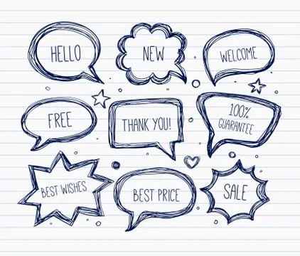 Hand-drawn speech and thought bubbles on lined paper. Vector sketch illustrat Illustrazione stock