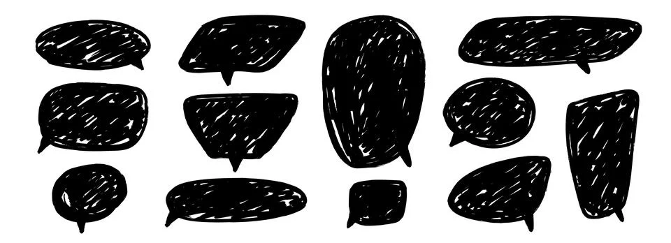 Hand drawn speech bubble collection. Doodled marker dialog box set. Sketched Stock Illustration