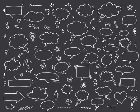 Hand drawn speech bubble doodle set white line icons on black background comic Illustrazione stock