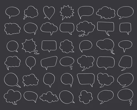 Hand drawn speech bubble doodle icons set white line on black background comic Stock Illustration