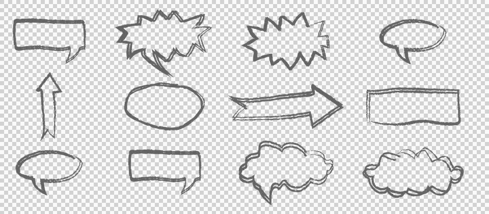 Hand drawn speech bubbles and text boxes Stockillustratie