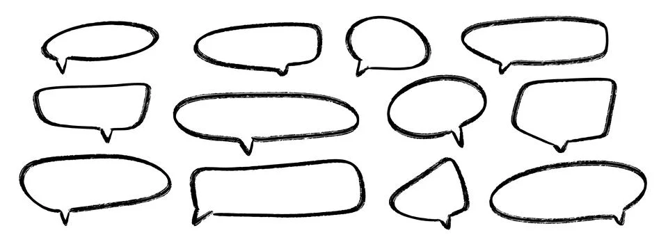 Hand drawn speech bubbles collection. Doodled crayon dialog box set. Sketched Stock Illustration