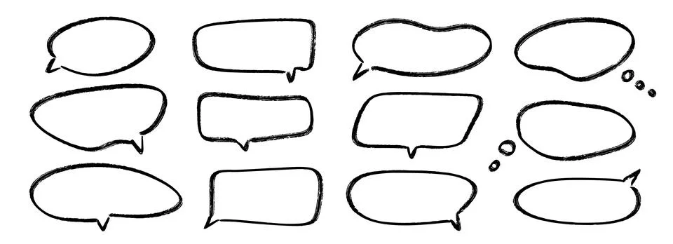 Hand drawn speech bubbles collection. Doodled crayon dialog box set. Sketched イラスト素材
