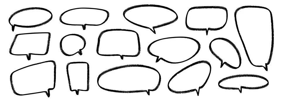 Hand drawn speech bubbles collection. Doodled marker dialog box set. Sketched Stock Illustration
