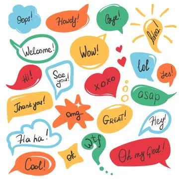 Hand drawn speech bubbles set in flat design with short messages Stock-Illustration