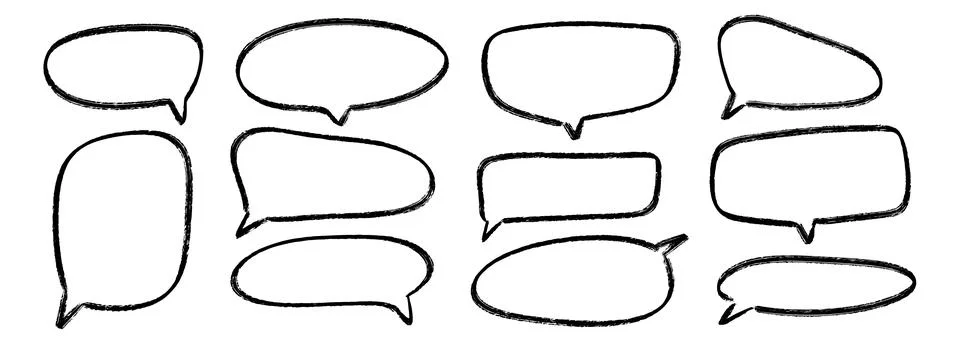Hand drawn speech bubbles set. Doodled crayon dialog box collection. Sketched Stock-Illustration