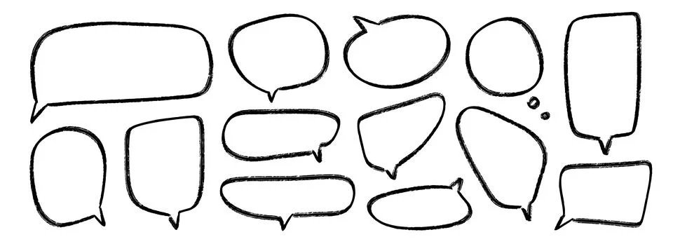 Hand drawn speech bubbles set. Doodled crayon dialog box collection. Sketched Stock Illustration