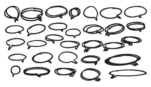 Hand drawn speech bubbles set with black ink sketch vector illustration of Stock Illustration