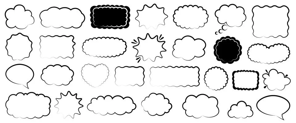 Hand-drawn speech bubbles in various styles and shapes. Simple outlines def.. Stock Illustration