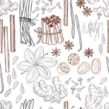 Hand drawn spices for dessert. Vector  pattern. Stock Illustration