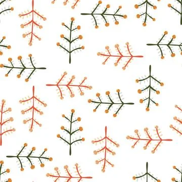 Hand drawn a sprig with berries seamless pattern. Branch with leaves and berr Stock Illustration