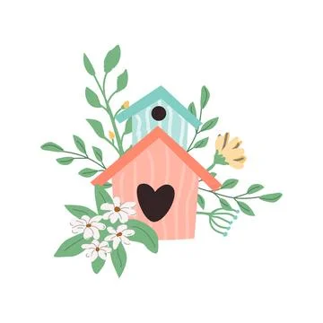 Hand drawn spring bird house in flower and branch background Stock Illustration