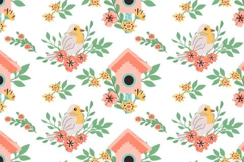 Hand drawn spring bird robin and birdhouse pattern with floral elements Stock Illustration
