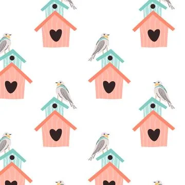 Hand drawn spring birds and pink birdhouse pattern Stock Illustration