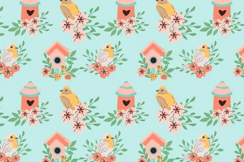 Hand drawn spring birds robin and birdhouse pattern with floral elements Stock Illustration