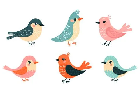 Hand drawn spring birds set isolated on white background flat illustration Stock Illustration