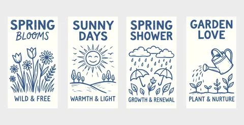 Hand-drawn spring card set in blue and white line style Stock Illustration