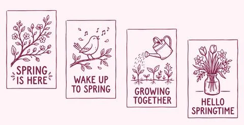 Hand-drawn spring card set in pink line style Stock Illustration