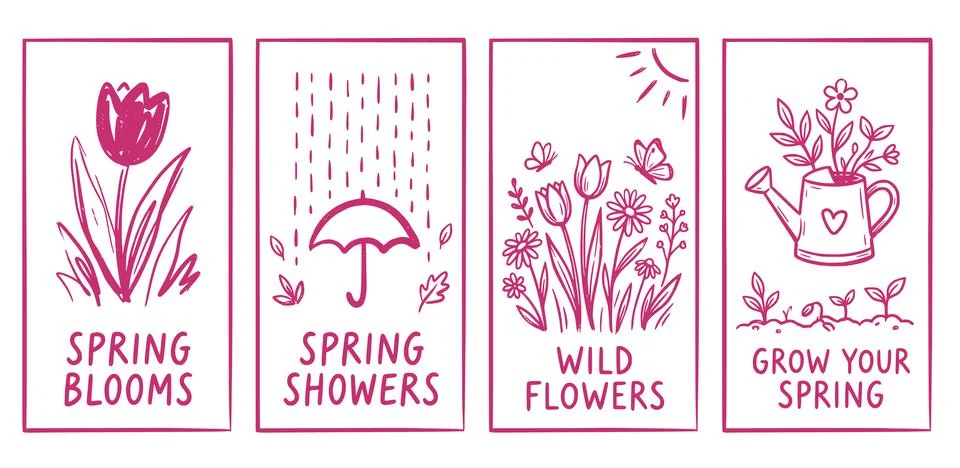 Hand-drawn spring doodle set in line style Stock Illustration